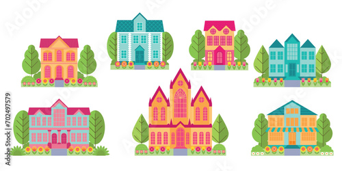 Set of town buildings theater, municipality, cathedral, restaurant, office with flowers and trees around. Bright flat geometric city architecture.