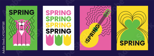 Set of bright spring posters with screaming march cat, guitar, female silhouette, repeating word spring. Background, banner, flyer