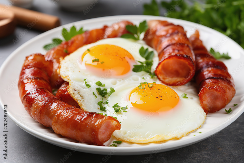English breakfast with sausages and eggs on plate English breakfast with sausages and eggs on plate
