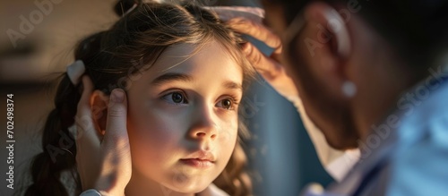 Surgeon examines girl's ears for otoplasty, a surgical reshaping of the pinna and ear. photo
