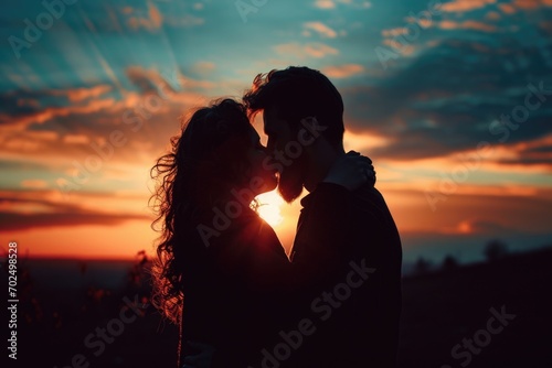 A romantic moment captured as a man and a woman share a passionate kiss against the backdrop of a beautiful sunset. Perfect for conveying love, romance, and affection in various projects