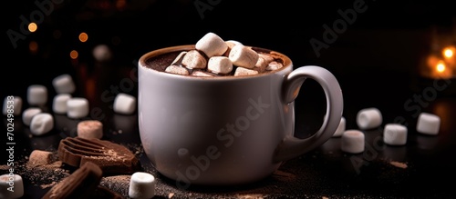 Black chocolate shells filled with cocoa powder and marshmallows that melt when hot milk is added, creating trendy delicious drink in a mug (selective focus)