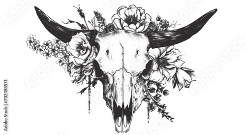 Western Wilderness: Floral-Embellished Bull Skull Illustration