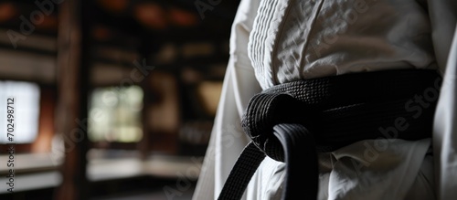 Black belt in Aikido on a white kimono. photo