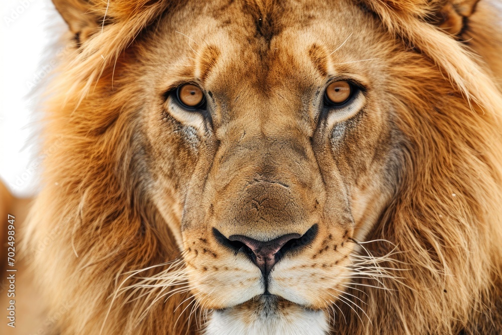 A close up view of a lion's face against a white background. Perfect for wildlife enthusiasts and animal lovers