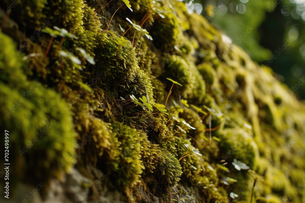 A detailed view of a tree trunk covered in vibrant green moss. This image can be used to depict nature, environment, or the beauty of plant life.