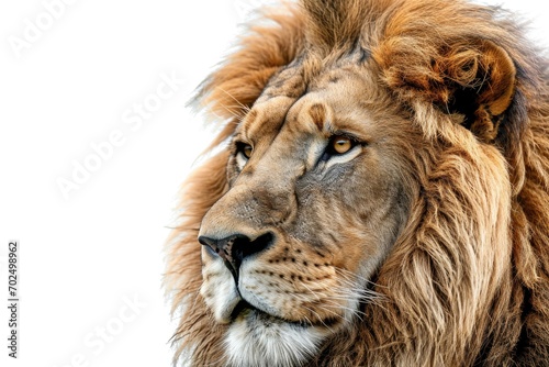A close-up photograph of a lion against a white background. This image can be used for various purposes