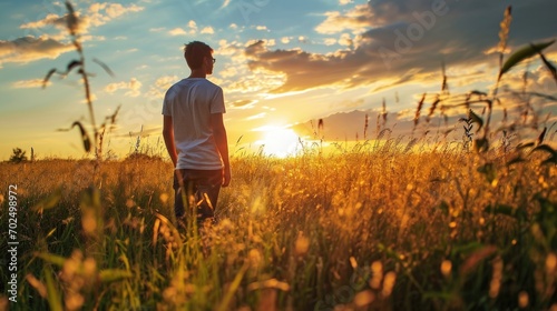A man standing in a field of tall grass. Suitable for nature, outdoor, and adventure themes