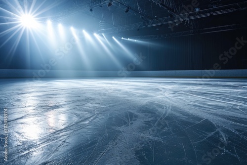 An empty ice rink with lights shining on it. This image can be used to depict the serene beauty of an ice rink at night or to illustrate the excitement of ice skating