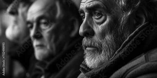 A black and white photo featuring two older men. This image can be used to portray friendship, companionship, or the concept of aging gracefully.