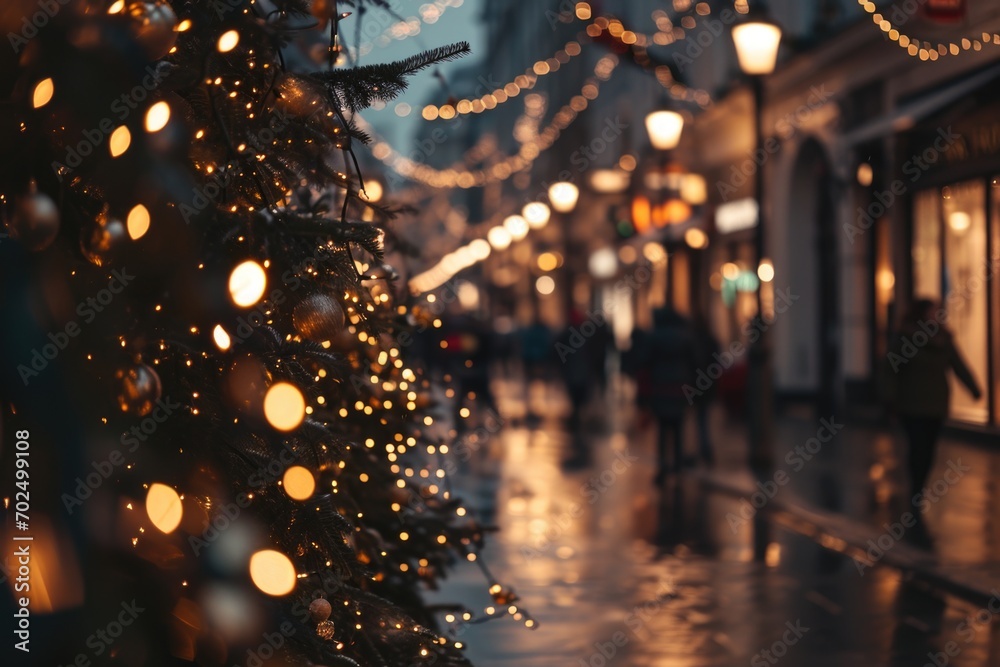 A lively scene of people walking down a street illuminated with beautiful Christmas lights. Perfect for capturing the holiday spirit and the joy of community gatherings