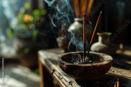 Incense sticks placed in a wooden bowl on a table. Suitable for home decor and aromatherapy