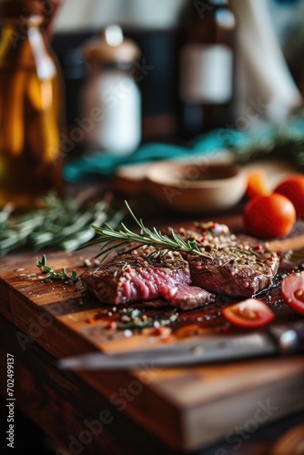 A delicious steak served on a cutting board with fresh tomatoes and fragrant herbs. Perfect for food-related designs and culinary themes