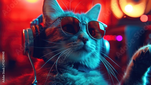 A cat wearing sunglasses and headphones in a room. Perfect for music lovers and cat enthusiasts