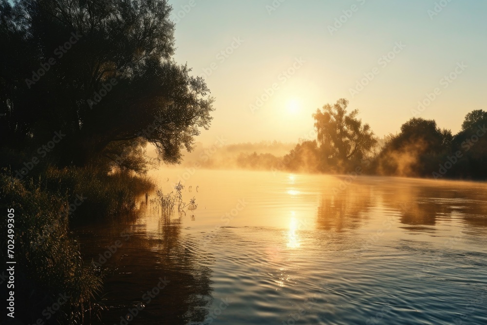 A beautiful sunset scene with the sun setting over the water and trees. Perfect for nature enthusiasts and landscape lovers