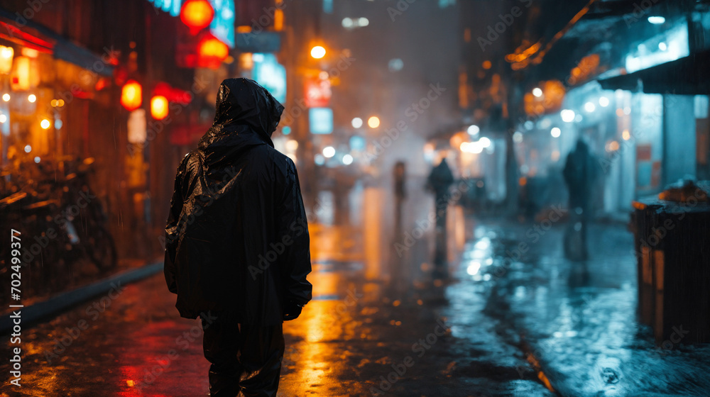 A man in a hoodie raincoat standing in the rain. In the city, dystopian.