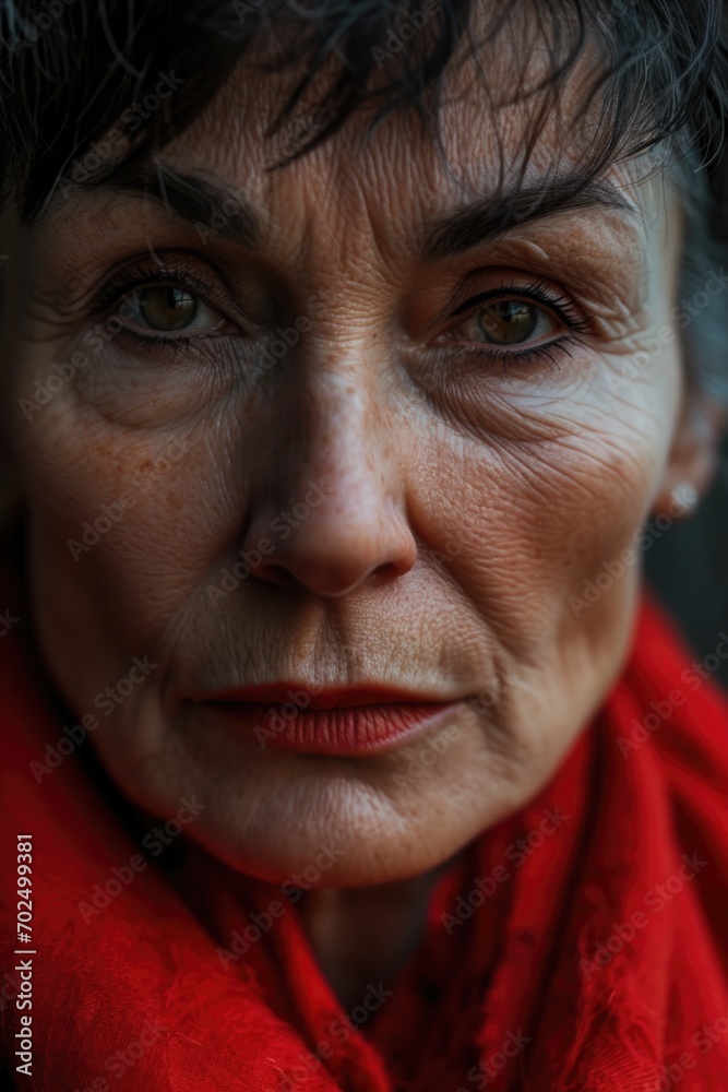 A close-up shot of a person wearing a vibrant red scarf. This image can be used to depict fashion, winter clothing, or accessorizing outfits A close-up shot of a person wearing a vibrant red scarf. This image can be used to depict fashion, winter clothing, or accessorizing outfits