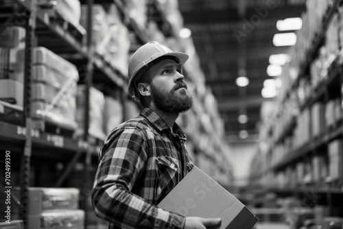 A man standing in a warehouse, holding a box. Suitable for logistics, storage, and shipping concepts