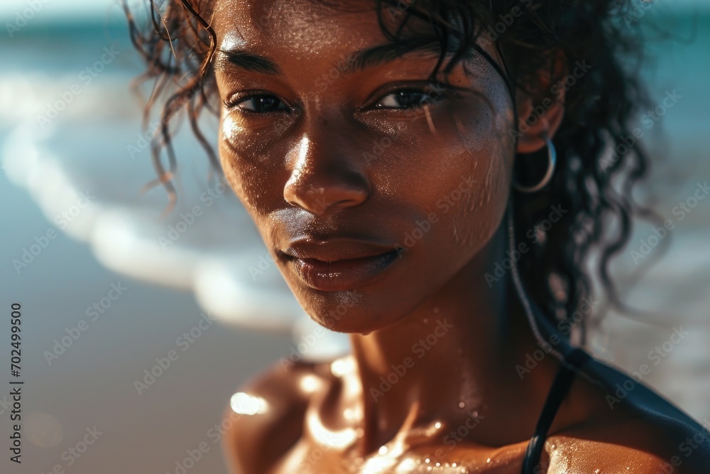 A close up view of a person on a beach. Can be used to depict relaxation and summer vibes