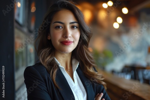 A woman in a business suit striking a pose for a professional photo. Suitable for corporate branding and marketing materials