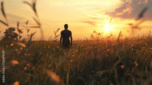 A man standing in a field of tall grass. Perfect for nature and outdoor themes