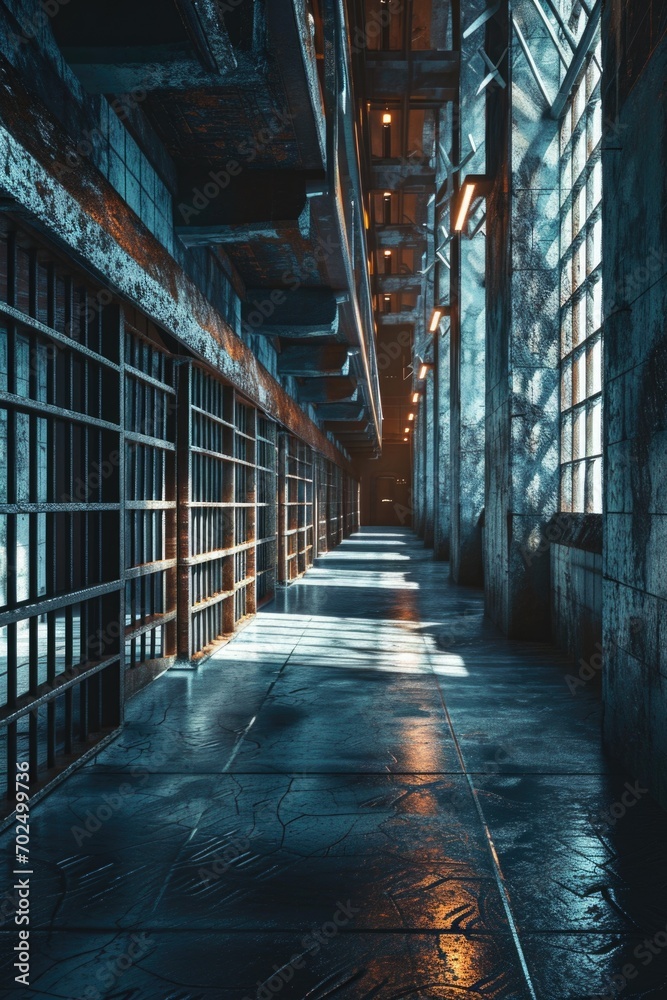 A picture of a long hallway with numerous windows and bars. Suitable for illustrating confinement or imprisonment. Can be used in projects related to security, architecture, or criminal justice