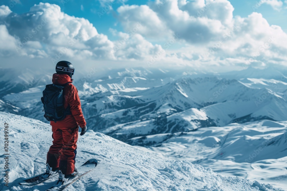 A person standing on skis on a snowy hill. This image can be used to depict winter sports and outdoor activities A person standing on skis on a snowy hill. This image can be used to depict winter sports and outdoor activities