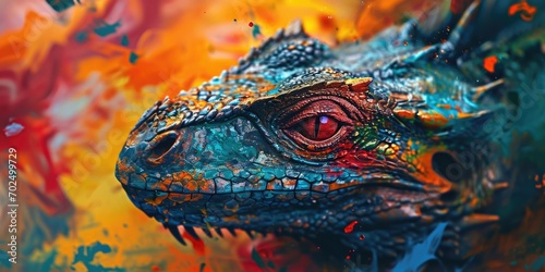A close-up view of a lizard's face with vibrant colors. This image can be used to add a unique and eye-catching element to any project © Fotograf