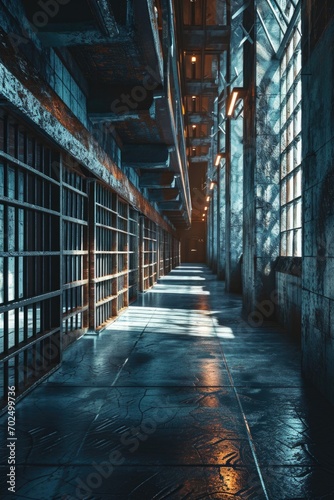 A picture of a long hallway with numerous windows and bars. Suitable for illustrating confinement or imprisonment. Can be used in projects related to security, architecture, or criminal justice