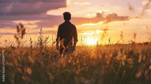 A man standing in a field of tall grass. This picture can be used for various outdoor and nature-related themes