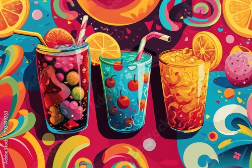A painting featuring three glasses of drinks on a vibrant and colorful background. Perfect for adding a pop of color to any design or project photo