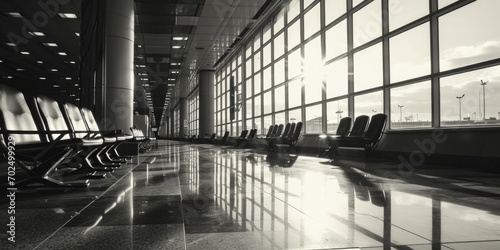 Black and white photo of chairs in an airport terminal. Suitable for travel-related articles and blog posts
