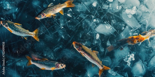 A group of fish swimming on top of ice. Suitable for winter-themed designs and illustrations © Fotograf