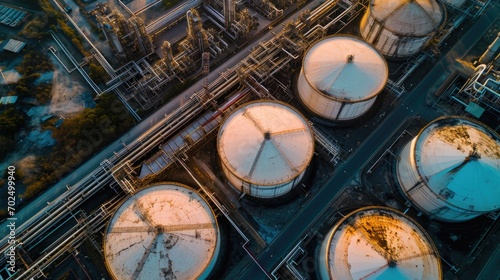 A bird's eye view of oil tanks in an industrial area. This image captures the scale and infrastructure of the oil industry. Ideal for illustrating energy, manufacturing, or industrial concepts