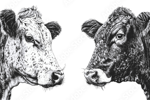 Rustic Charm: Duo of Cows in Detailed Ink