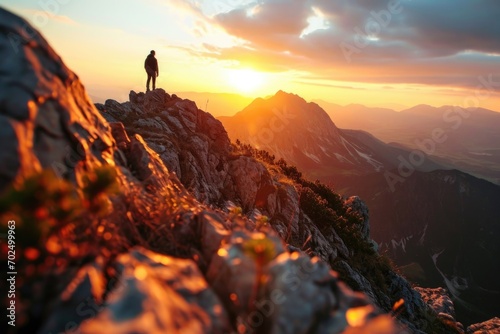 A person standing on top of a mountain during a beautiful sunset. Perfect for travel, adventure, and nature-themed projects