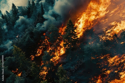 A large fire burning through a forest. Can be used to illustrate the destructive power of wildfires