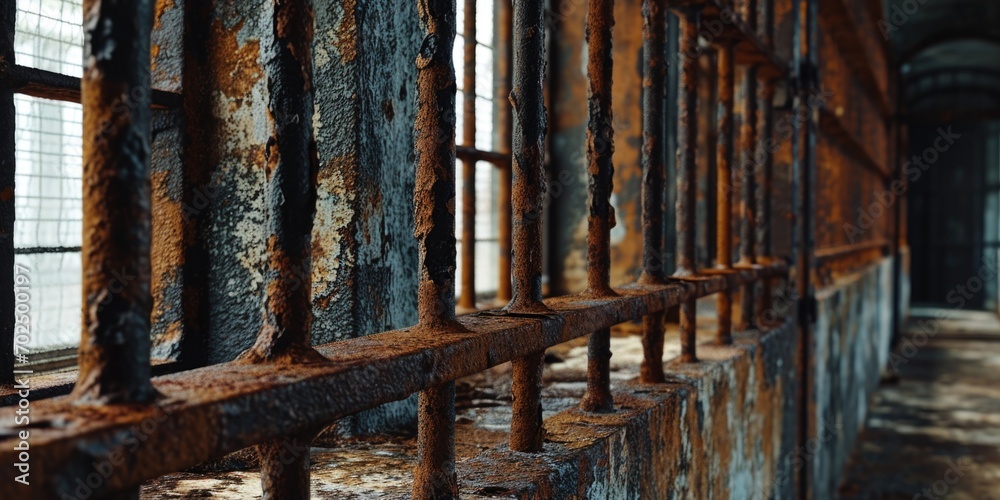 A picture of a rusted iron fence in an abandoned building. This image can be used to depict the decay and neglect of urban environments