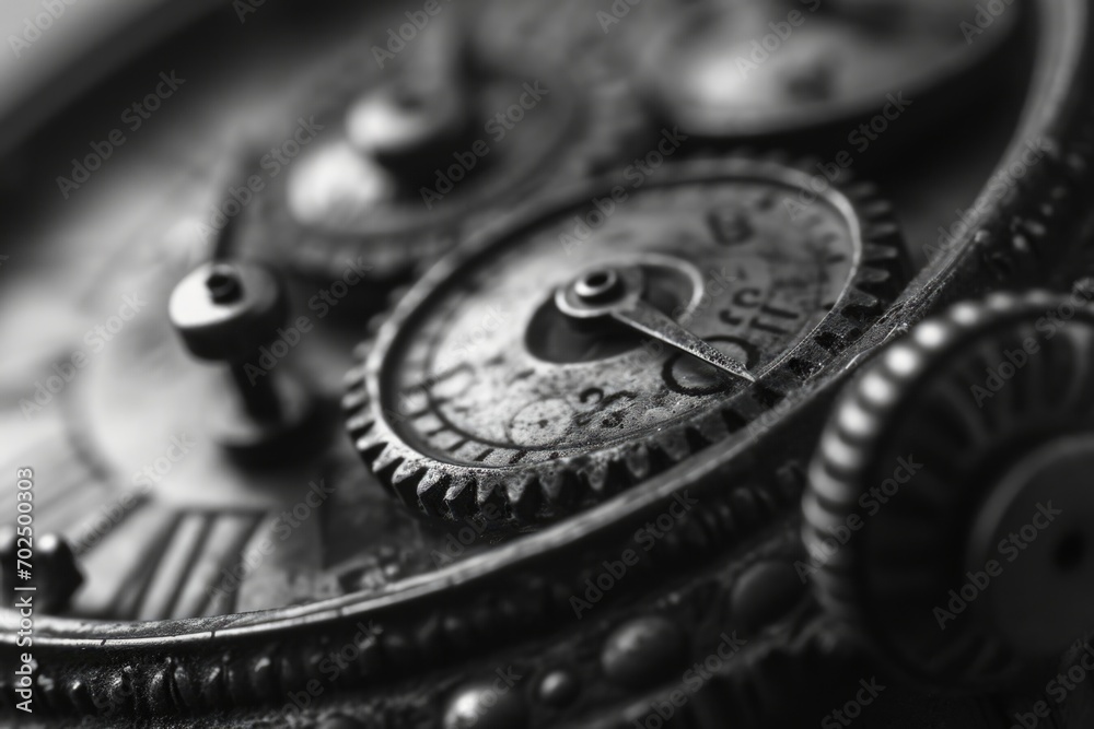 A detailed close-up view of a clock with gears. This image can be used to depict time, precision, mechanics, or the concept of time management