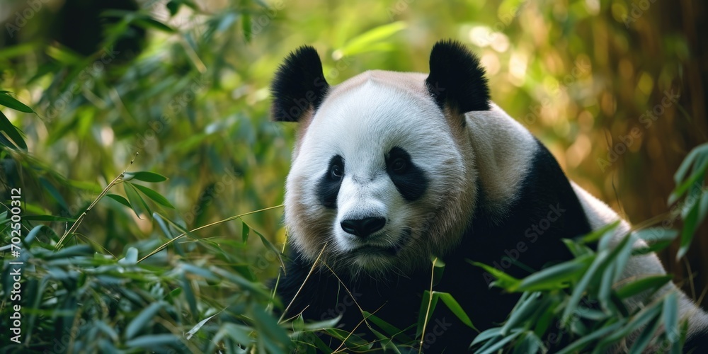 A picture of a panda bear walking through a beautiful, vibrant green forest. Perfect for nature and wildlife enthusiasts A picture of a panda bear walking through a beautiful, vibrant green forest. Perfect for nature and wildlife enthusiasts