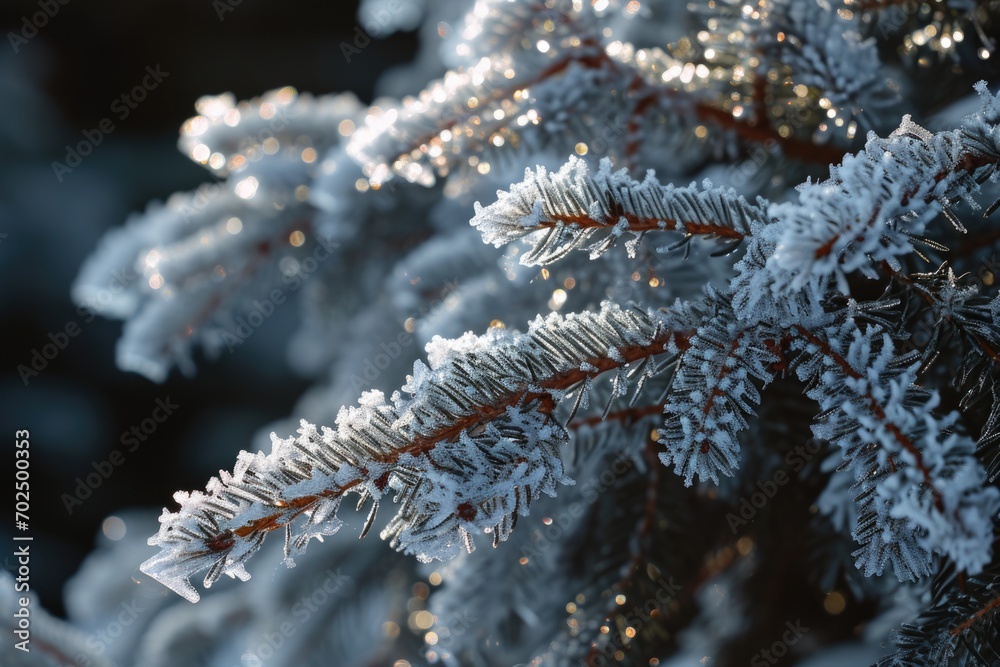 Close up view of a pine tree covered in frost. Perfect for winter-themed designs and holiday illustrations
