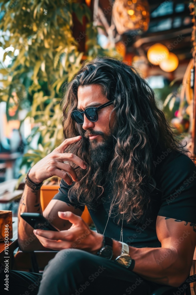 A man with long hair and a beard using a cell phone. Can be used to illustrate modern communication or technology