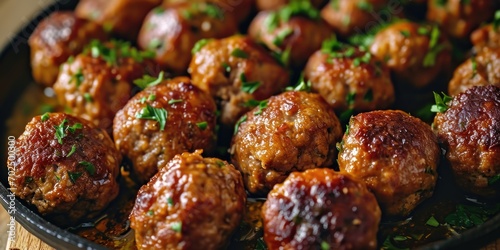 A pan filled with meatballs covered in sauce. Suitable for recipes, cooking, and Italian cuisine