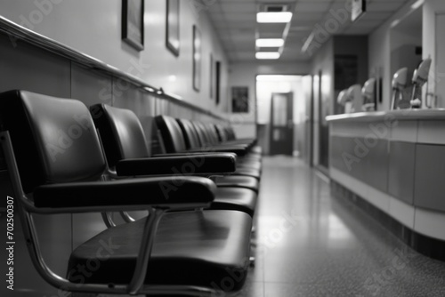 A row of black leather chairs in a hospital hallway. Suitable for medical and healthcare themes
