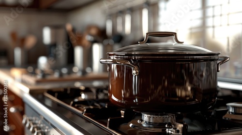 A brown pot sitting on top of a stove. Ideal for cooking and kitchen-related designs