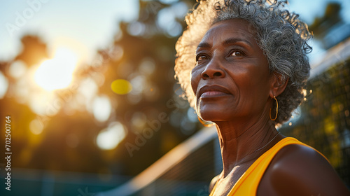 Golden Years Glow: Reflective Senior Woman Embracing Sunset Light. Mature active senior elderly black african american female playing tennis for fitness life longevity leisure  photo