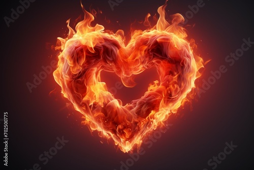 Fire flame in the shape of a heart. Background with selective focus with copy space