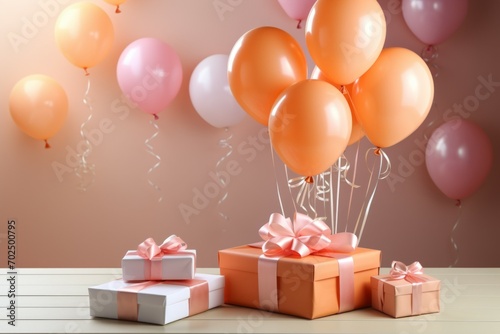 Gifts in trendy Peach Fuzz colors. Background with selective focus and copy space