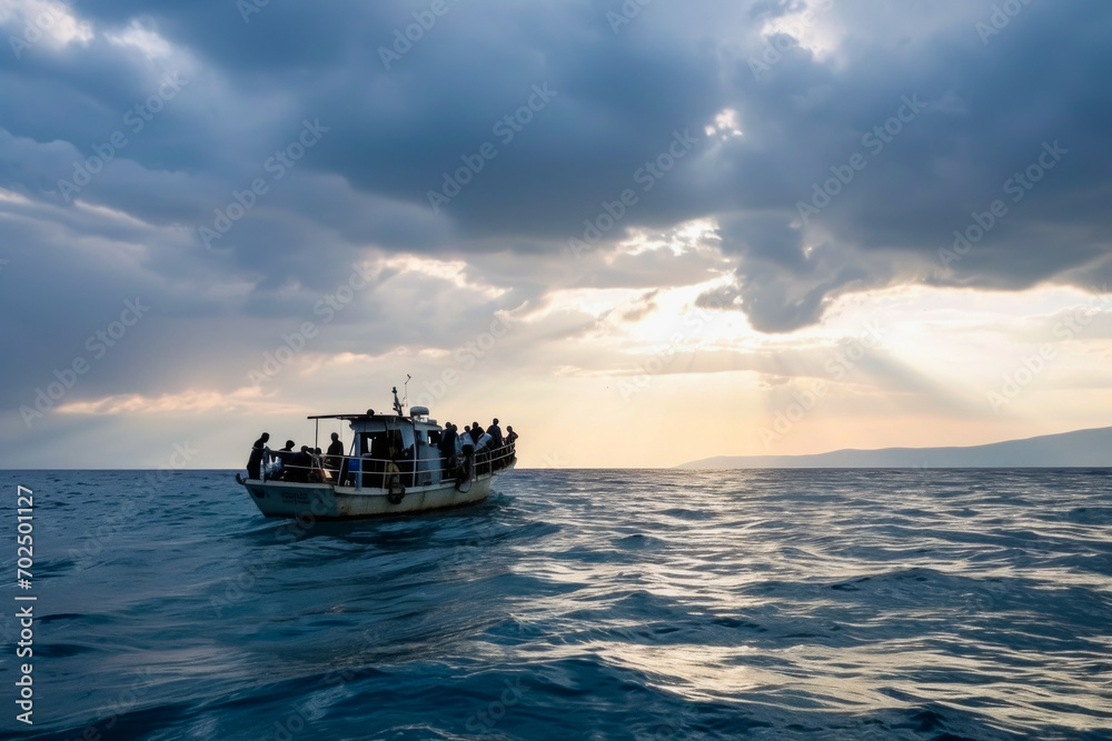 Refugees cross the border by boat. Backdrop with selective focus and copy space Refugees cross the border by boat. Backdrop with selective focus and copy space