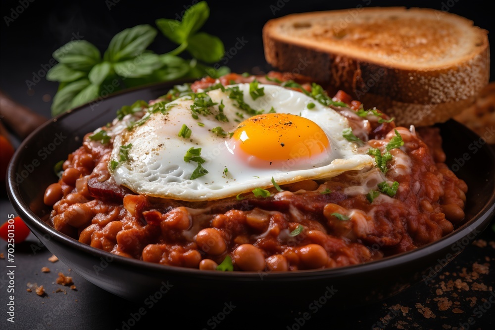 Delicious Big English Breakfast with Eggs, Baked Beans, and Toast